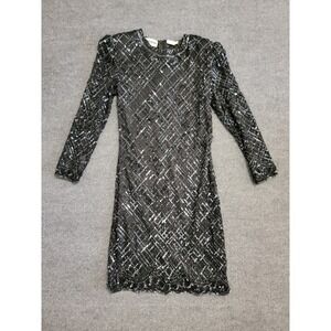 Vintage Night Dress Womens Small Silk‎ Sequin Beaded Long Sleeve 80s Gown